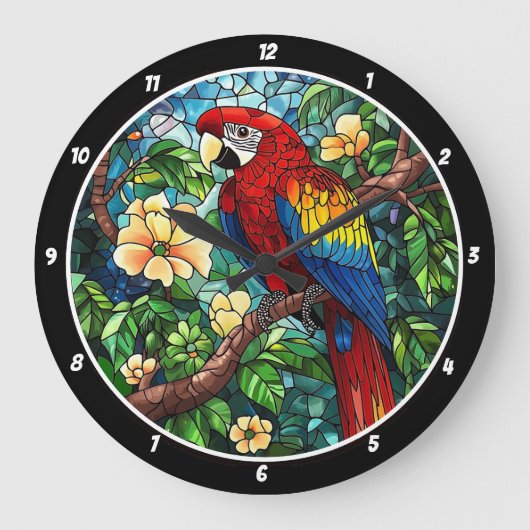 Tropical Canopy Time" - Hartglas Parrot Große Wanduhr (Vorderseite)