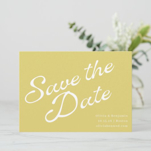 Tropical Chartreuse Yellow Retro Script Wedding Save The Date (Stehend Vorderseite)
