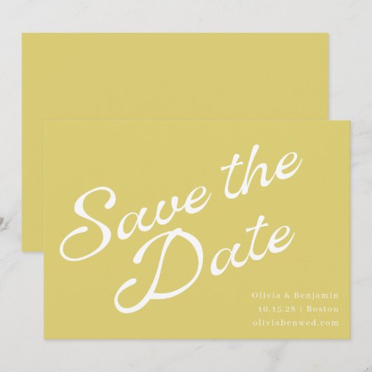 Tropical Chartreuse Yellow Retro Script Wedding Save The Date (Vorne/Hinten)