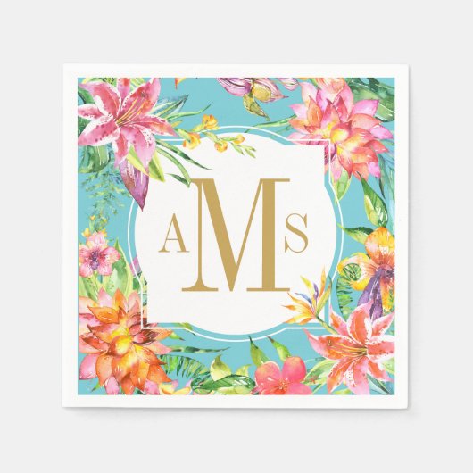 Tropical Chic 3 Letter Monogram Floral Watercolor Serviette (Vorderseite)