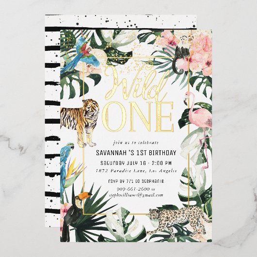 Tropical Chic | Gold Wild One Birthday Party Folieneinladung (Vorderseite/Rückseite)