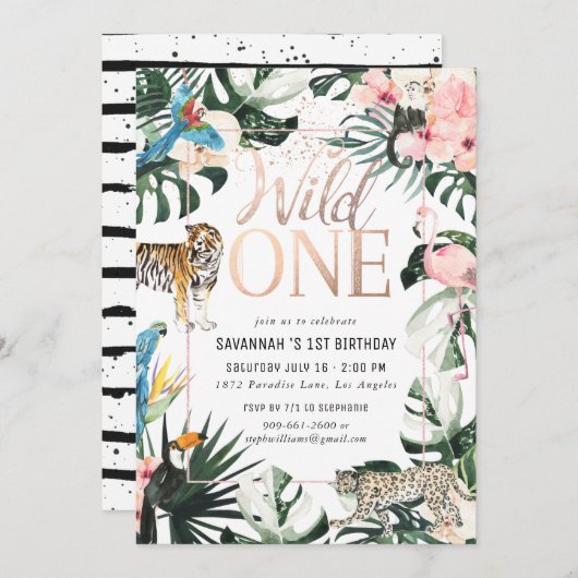 Tropical Chic | Pink Wild One Geburtstagsparty Einladung (Vorne/Hinten)