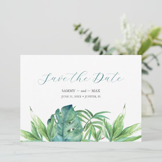 Tropical Chic Watercolor Grüne Save the Date (Stehend Vorderseite)