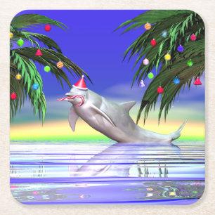 Tropical Christmas Dolphin Rechteckiger Pappuntersetzer
