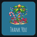Tropical Christmas Palm Tree Vielen Dank Quadratischer Aufkleber<br><div class="desc">Vielen Dank für die Aufkleber mit einem saisonalen Urlaubsbild. Eine tropische Palme,  die mit festlichen Lichtern dekoriert ist und auf der ein Stern steht. Ein riesiger,  rot-weißer Bonbons,  der aus dem Sand ragt. Weihnachten präsentiert sich unter dem Baum. Whimsical und lustig.</div>
