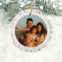 Tropical Christmas Pink Flamingo Family Photo Keramik Ornament