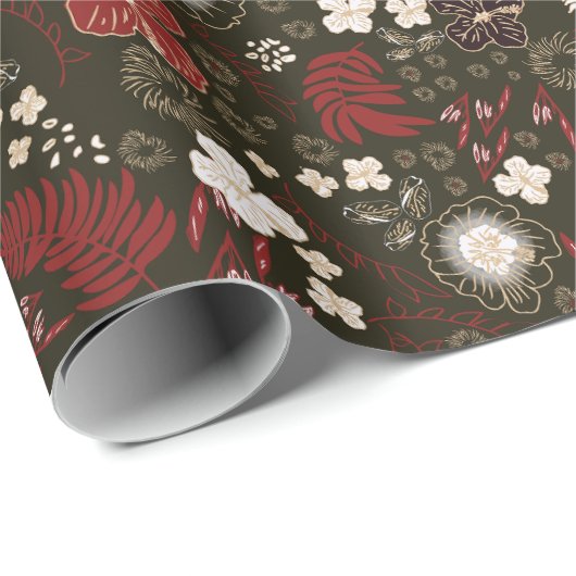 Tropical Christmas Red Sage Black Hibiscus Floral Geschenkpapier (Rolleneckpunkt)