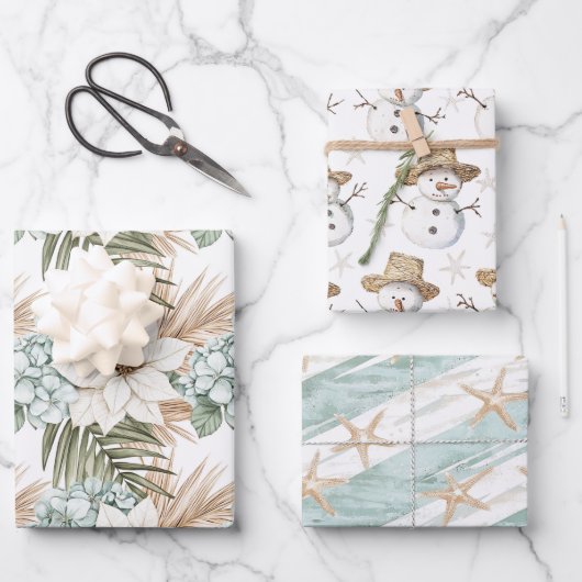 Tropical Christmas Watercolor Snowmen & Starfish Geschenkpapier Set (Vorderseite)