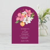 tropical citrus pink arched all in one wedding einladung (Stehend Vorderseite)