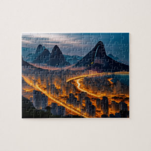 Tropical City Skyline Night Beach and Mountains Puzzle