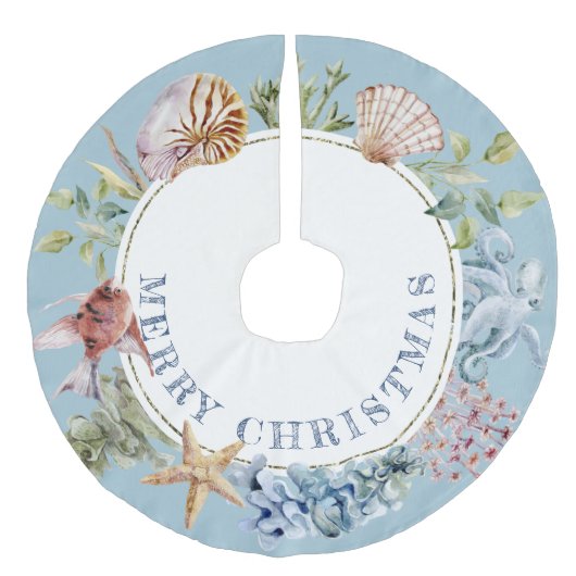 Tropical Coastal Beach Thema Blue Frohe Weihnachte Leinenimitat Weihnachtsbaumdecke (Vorderseite)