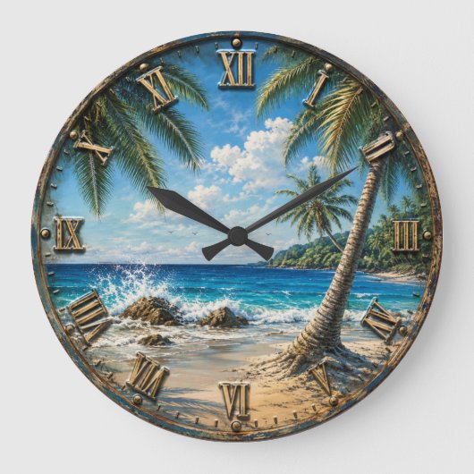 Tropical Coastal Ocean palm Tree Beach Große Wanduhr (Vorderseite)