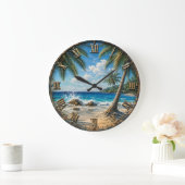 Tropical Coastal Ocean palm Tree Beach Große Wanduhr (Zuhause)