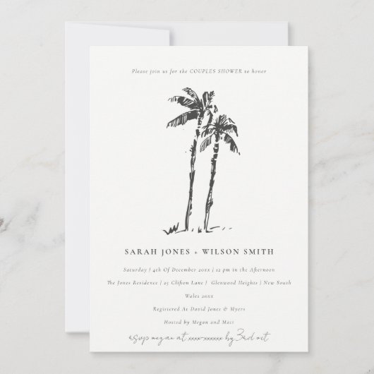 Tropical Coastal Palm Tree Sketch Paare Dusche Einladung (Vorderseite)