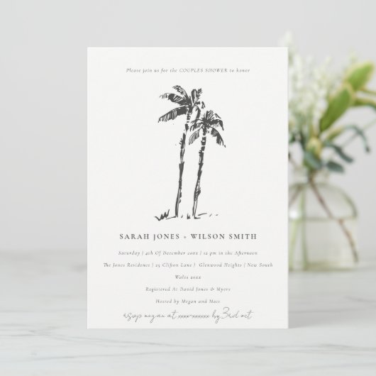 Tropical Coastal Palm Tree Sketch Paare Dusche Einladung (Stehend Vorderseite)