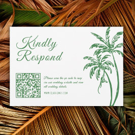 Tropical Coastal Retro Beach Green Wedding QR Code RSVP Karte