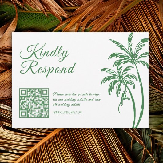 Tropical Coastal Retro Beach Green Wedding QR Code RSVP Karte