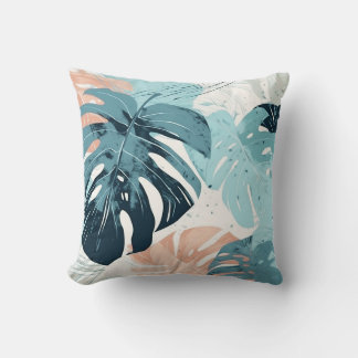 Tropical Coral Aquamarin Pink Leaf Blätter Moderne Kissen
