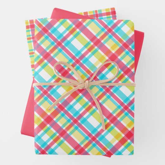 Tropical - Coral, Blue, Chartreuse, Yellow Plaid Geschenkpapier Set (Beispiel)