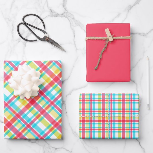 Tropical - Coral, Blue, Chartreuse, Yellow Plaid Geschenkpapier Set (Vorderseite)
