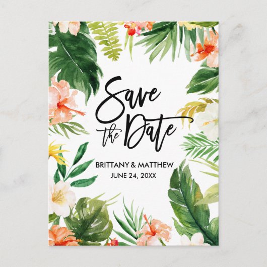 Tropical Coral Floral Brush Script Save the Date Postkarte (Vorderseite)