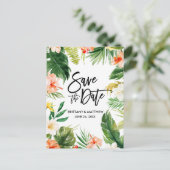 Tropical Coral Floral Brush Script Save the Date Postkarte (Stehend Vorderseite)