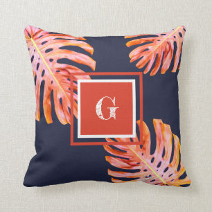 Tropical Coral Rose Gold Orange Navy Blue Blätter Kissen