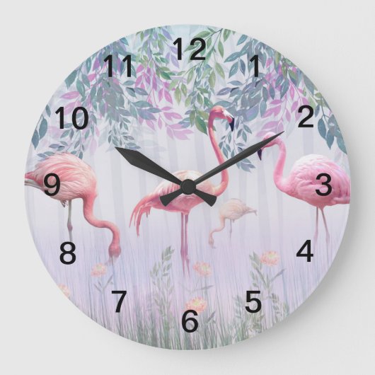 Tropical Cute Family Pink Flamingos Große Wanduhr (Vorderseite)