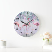 Tropical Cute Family Pink Flamingos Große Wanduhr (Zuhause)