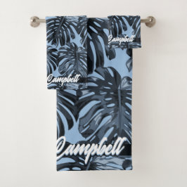 Tropical Dark Blue Black Monstera Blätter Name Badhandtuch Set