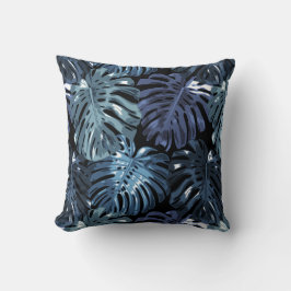 Tropical Dark Blue Monstera Dschungel Blätter Kissen