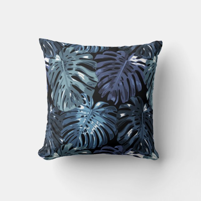Tropical Dark Blue Monstera Dschungel Blätter Kissen (Vorderseite)