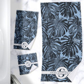 Tropical Dark Blue Palm Blätter Monogram Name Badhandtuch Set