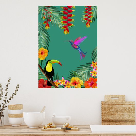 Tropical Delight hummingbird toucan flowers  Poster (Küche)
