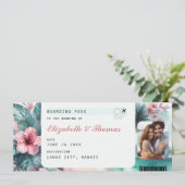 Tropical Destination Boarding Pass Foto Hochzeit Einladung (Stehend Vorderseite)
