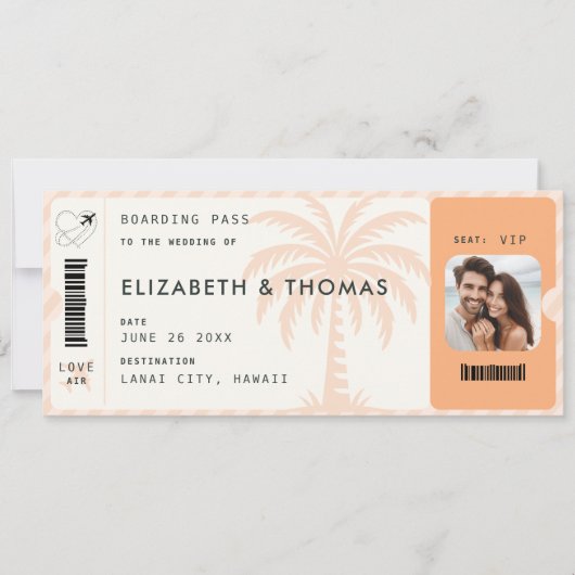 Tropical Destination Boarding Pass Palm QR Hochzei Einladung (Vorderseite)
