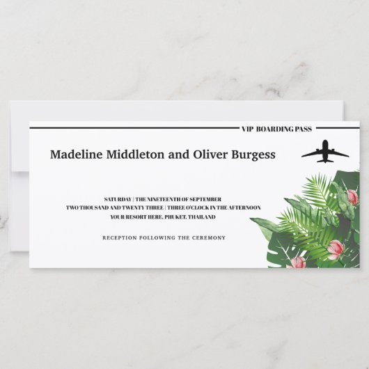Tropical Destination Boarding Pass Wedding Einladu (Rückseite)