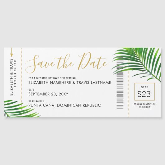 Tropical Destination Palm Boarding Pass Rett Datum Magneteinladung (Vorderseite)