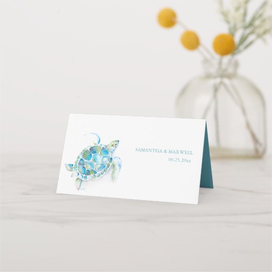 Tropical Destination Wedding Place Card Sea Turtle Platzkarte (Rückseite)