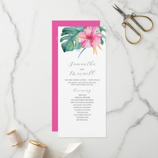 Tropical Destination Wedding Programs Pink Flowers Programm (Vorderseite/Rückseite Beispiel)