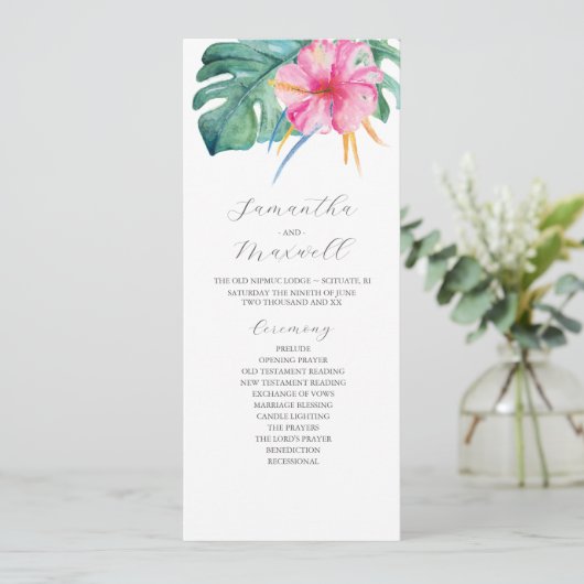 Tropical Destination Wedding Programs Pink Flowers Programm (Stehend Vorderseite)