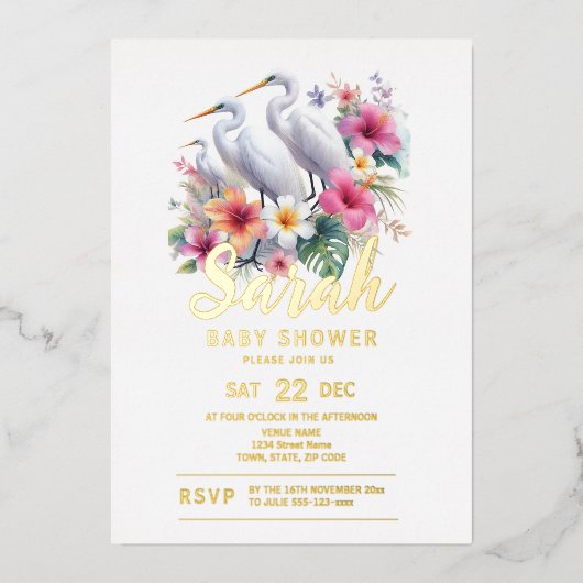 Tropical Egret Bird Coastal Baby Dusche Folieneinladung (Vorderseite)
