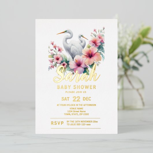 Tropical Egret Bird Coastal Baby Dusche Folieneinladung (Stehend vorne)