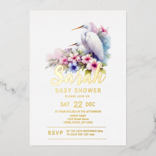 Tropical Egret Bird Coastal Baby Dusche Folieneinladung (Vorderseite)