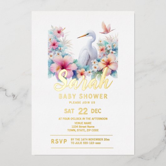 Tropical Egret Bird Coastal Baby Dusche Folieneinladung (Vorderseite)