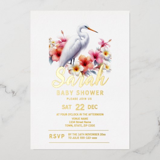 Tropical Egret Bird Coastal Baby Dusche Folieneinladung (Vorderseite)