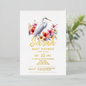 Tropical Egret Bird Coastal Baby Dusche Folieneinladung (Stehend vorne)