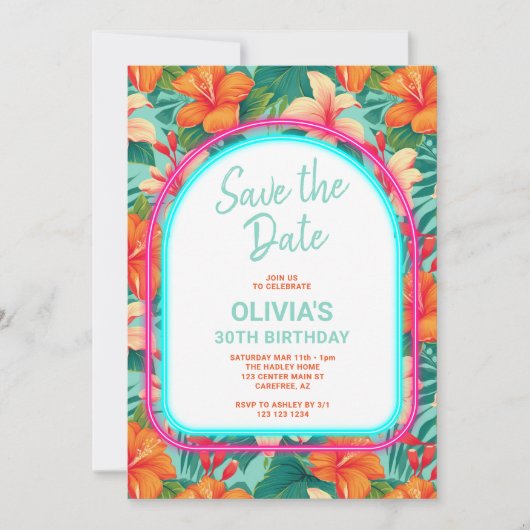 Tropical Electric Neon Adult Geburtstag Einladung (Vorderseite)