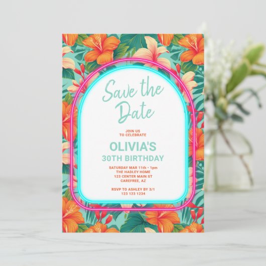 Tropical Electric Neon Birthday Save The Date (Stehend Vorderseite)