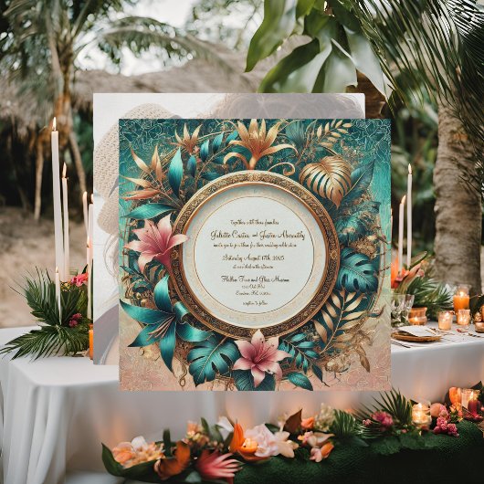 Tropical Elegance Round Frame Wedding Einladung